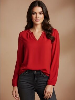 Michael Kors Red V-Neck Long Sleeve Gold Button Embellished Blouse Size Small